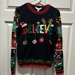 No Boundaries Festive Black Sweater with Multicolor Accents